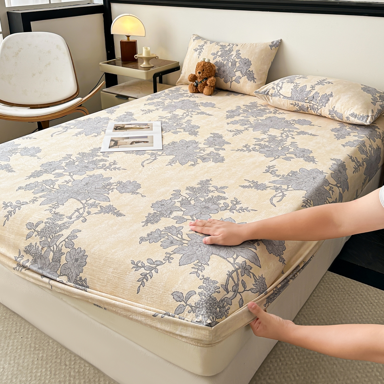 91家纺网 家纺一手货源 找家纺 梦嘉居 2025新款加厚亚麻皱皱纱床笠单床笠枕套床笠单品 兰亭序