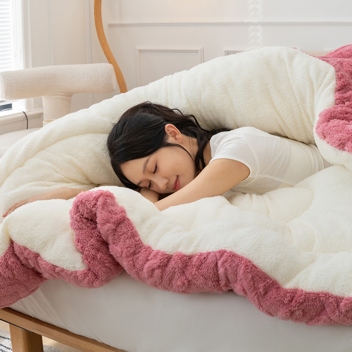 91家纺网 家纺一手货源 找家纺 悦织湾家纺 2025暖绒冬季被子A面雪花绒牛奶绒塔芙绒B面羊羔绒加厚速暖2025新款跨境出口外贸电商热销款可定做 塔芙绒被子豆沙粉