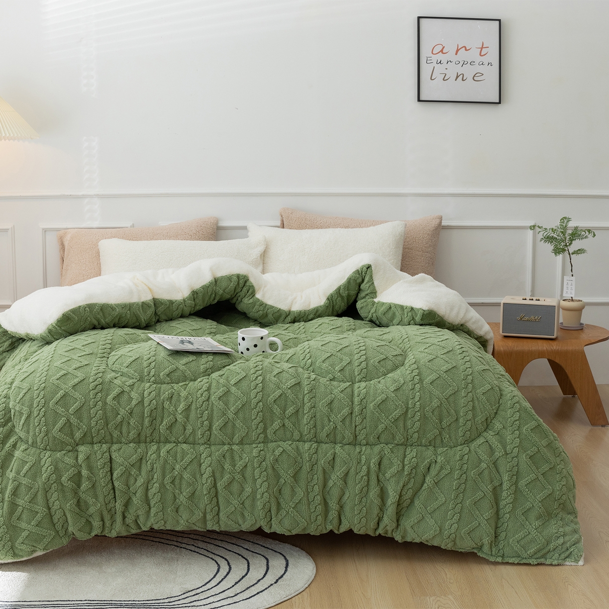 91家纺网 家纺一手货源 找家纺 悦织湾家纺 2025暖绒冬季被子A面雪花绒牛奶绒塔芙绒B面羊羔绒加厚速暖2025新款跨境出口外贸电商热销款可定做 塔芙绒被子抹茶绿