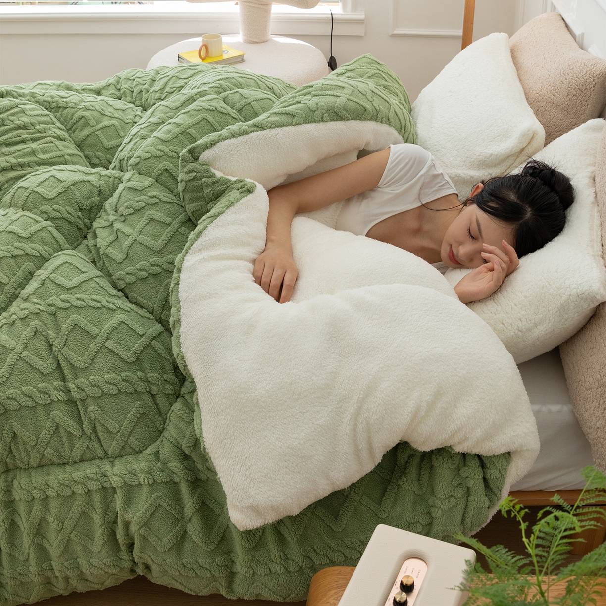 91家纺网 家纺一手货源 找家纺 悦织湾家纺 2025暖绒冬季被子A面雪花绒牛奶绒塔芙绒B面羊羔绒加厚速暖2025新款跨境出口外贸电商热销款可定做 塔芙绒被子抹茶绿