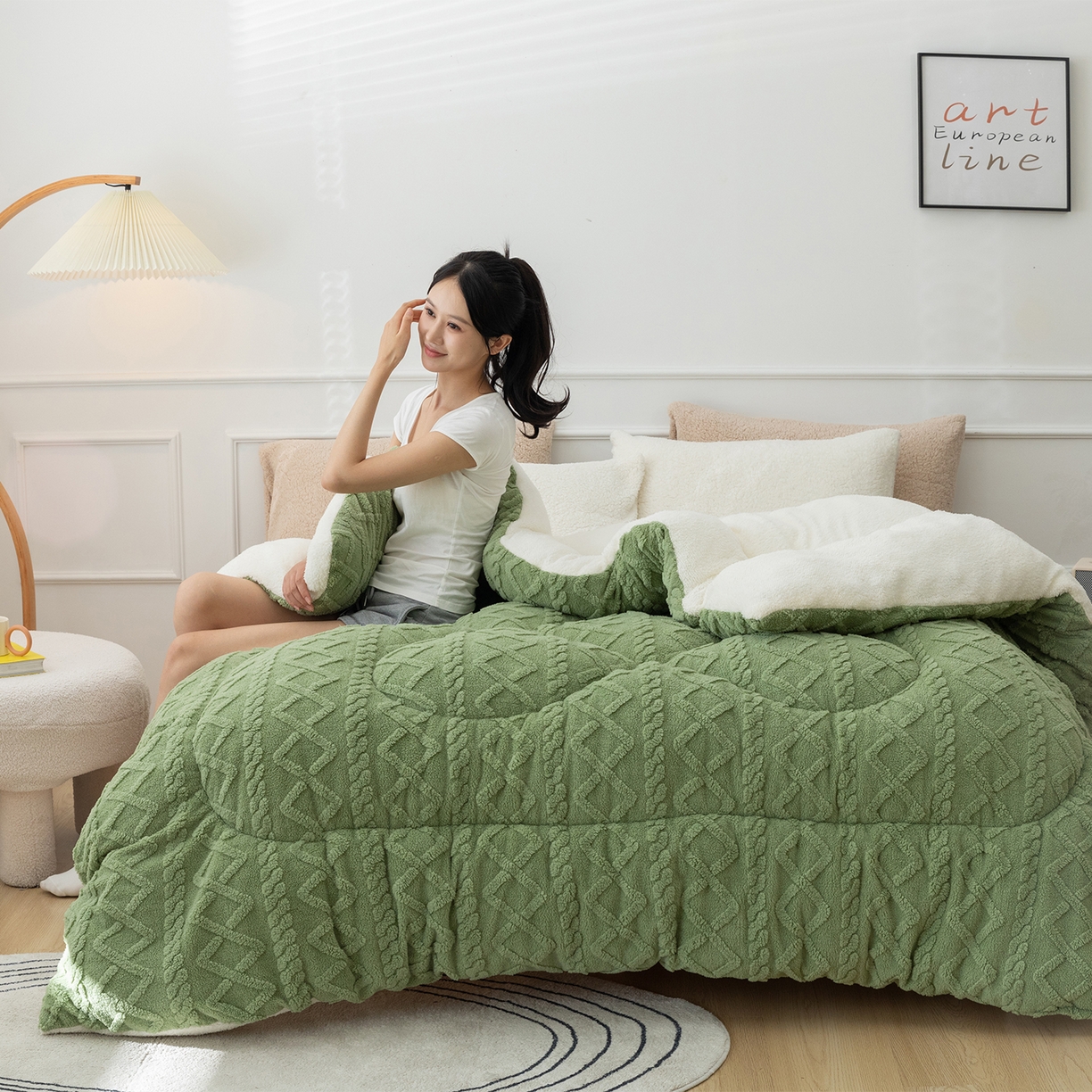 91家纺网 家纺一手货源 找家纺 悦织湾家纺 2025暖绒冬季被子A面雪花绒牛奶绒塔芙绒B面羊羔绒加厚速暖2025新款跨境出口外贸电商热销款可定做 塔芙绒被子抹茶绿