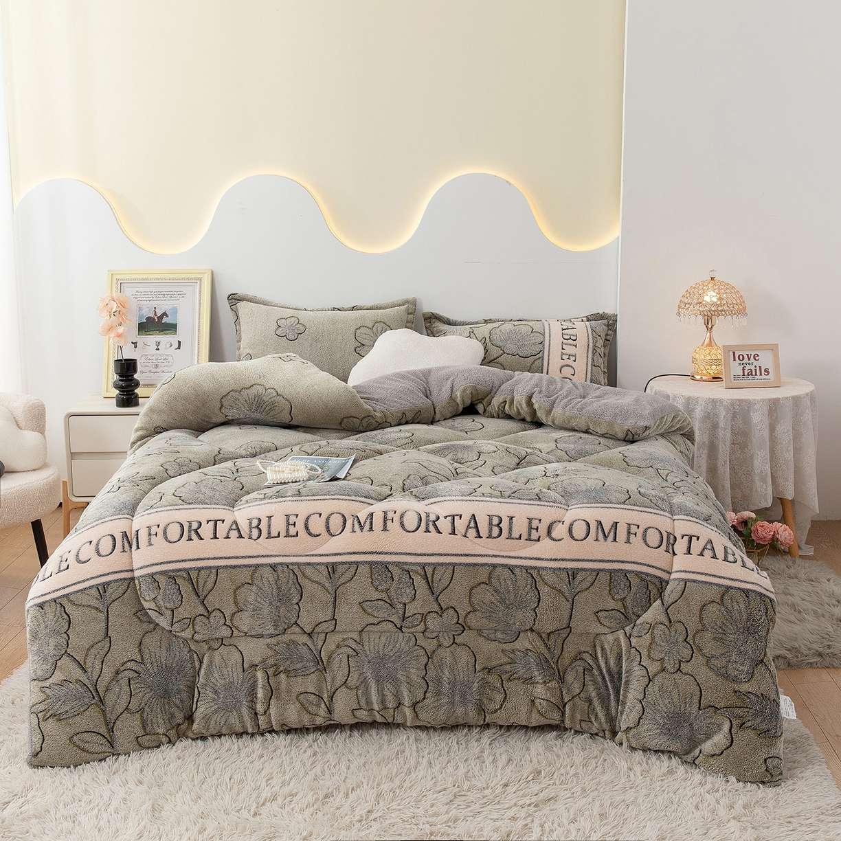 91家纺网 家纺一手货源 找家纺 悦织湾家纺 2025暖绒冬季被子A面雪花绒牛奶绒塔芙绒B面羊羔绒加厚速暖2025新款跨境出口外贸电商热销款可定做 雪花绒被子绿茶情话