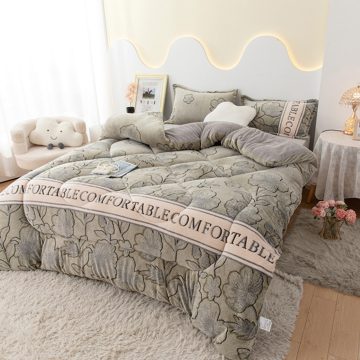 91家纺网 家纺一手货源 找家纺 悦织湾家纺 2025暖绒冬季被子A面雪花绒牛奶绒塔芙绒B面羊羔绒加厚速暖2025新款跨境出口外贸电商热销款可定做 雪花绒被子绿茶情话