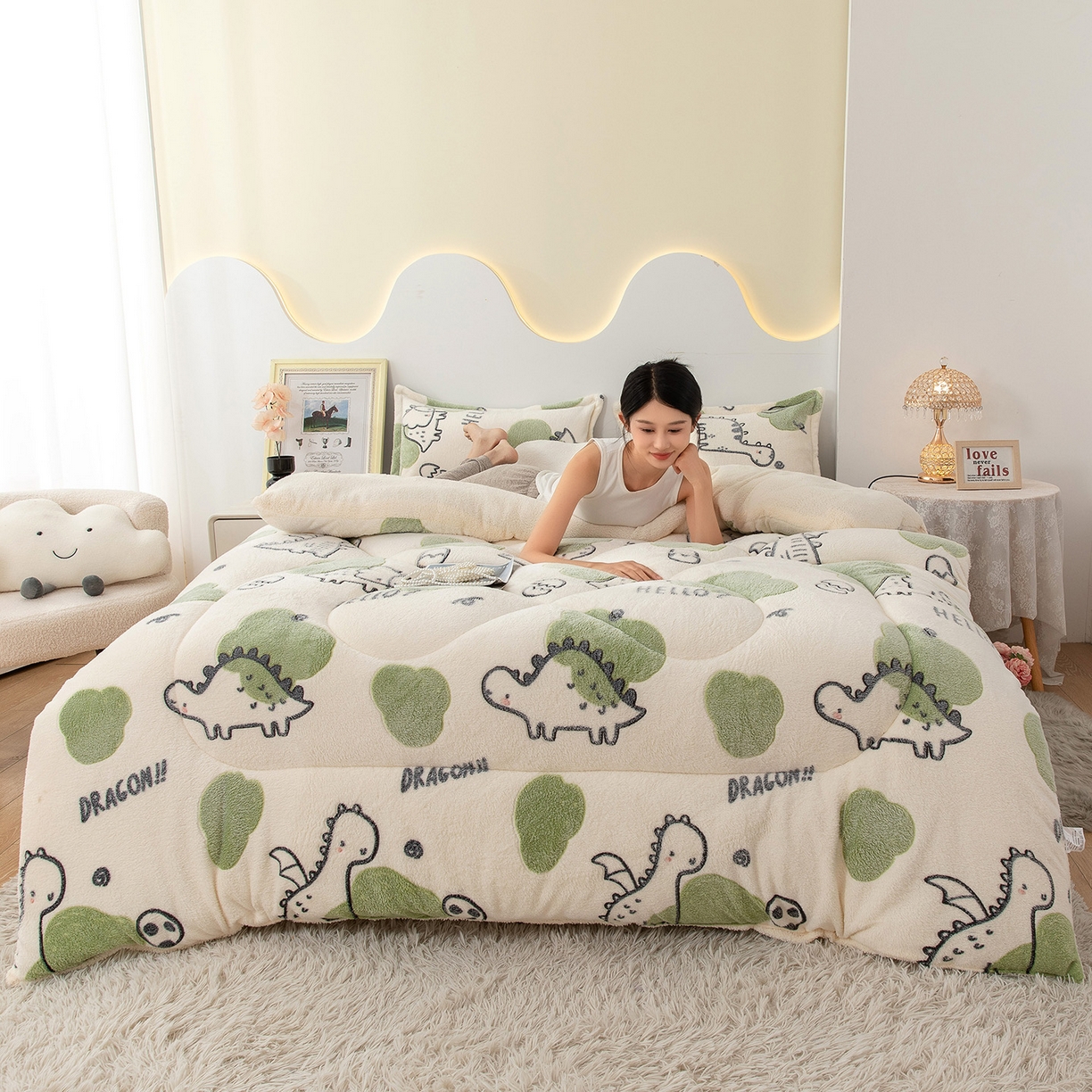 91家纺网 家纺一手货源 找家纺 悦织湾家纺 2025暖绒冬季被子A面雪花绒牛奶绒塔芙绒B面羊羔绒加厚速暖2025新款跨境出口外贸电商热销款可定做 雪花绒丛林恐龙