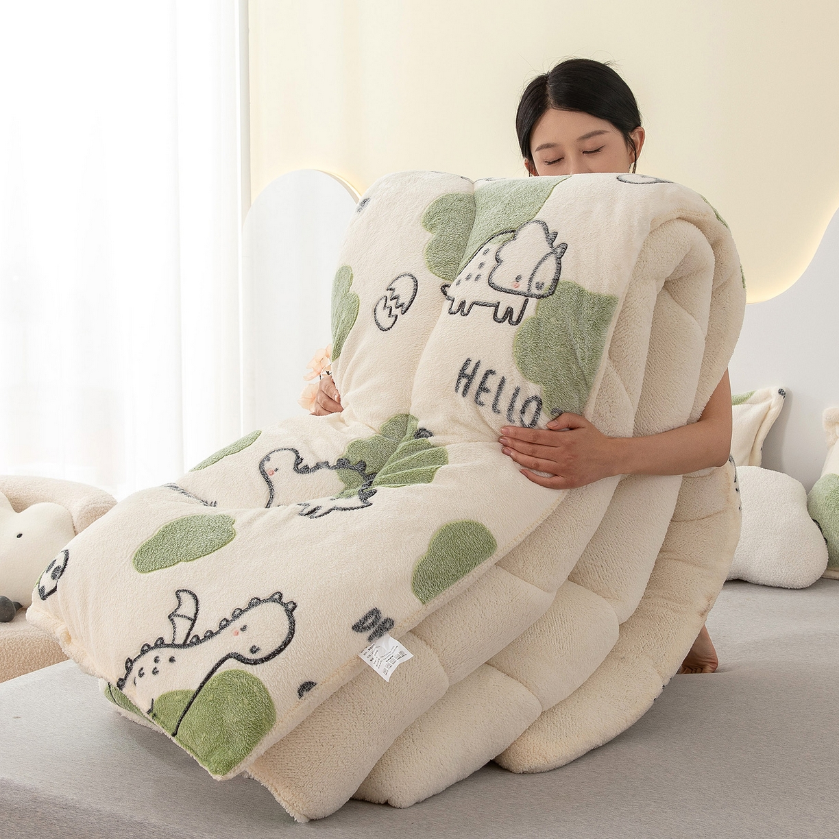 91家纺网 家纺一手货源 找家纺 悦织湾家纺 2025暖绒冬季被子A面雪花绒牛奶绒塔芙绒B面羊羔绒加厚速暖2025新款跨境出口外贸电商热销款可定做 雪花绒丛林恐龙