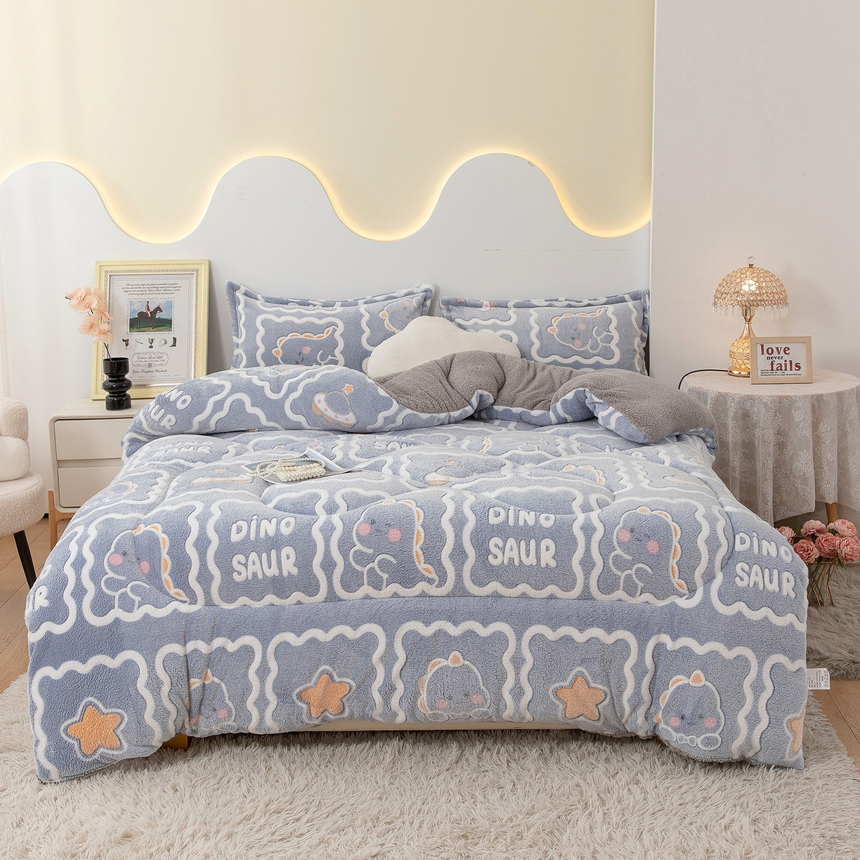 91家纺网 家纺一手货源 找家纺 悦织湾家纺 2025暖绒冬季被子A面雪花绒牛奶绒塔芙绒B面羊羔绒加厚速暖2025新款跨境出口外贸电商热销款可定做 雪花绒萌方恐龙