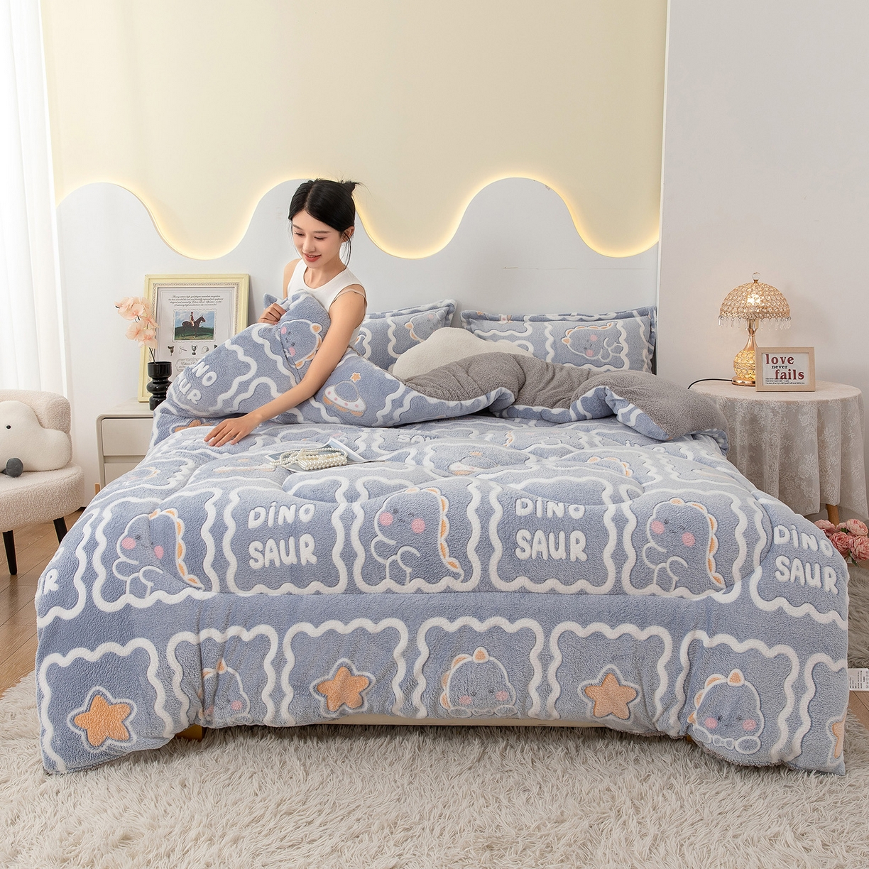 91家纺网 家纺一手货源 找家纺 悦织湾家纺 2025暖绒冬季被子A面雪花绒牛奶绒塔芙绒B面羊羔绒加厚速暖2025新款跨境出口外贸电商热销款可定做 雪花绒萌方恐龙