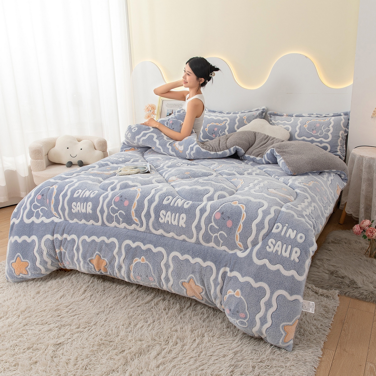 91家纺网 家纺一手货源 找家纺 悦织湾家纺 2025暖绒冬季被子A面雪花绒牛奶绒塔芙绒B面羊羔绒加厚速暖2025新款跨境出口外贸电商热销款可定做 雪花绒萌方恐龙