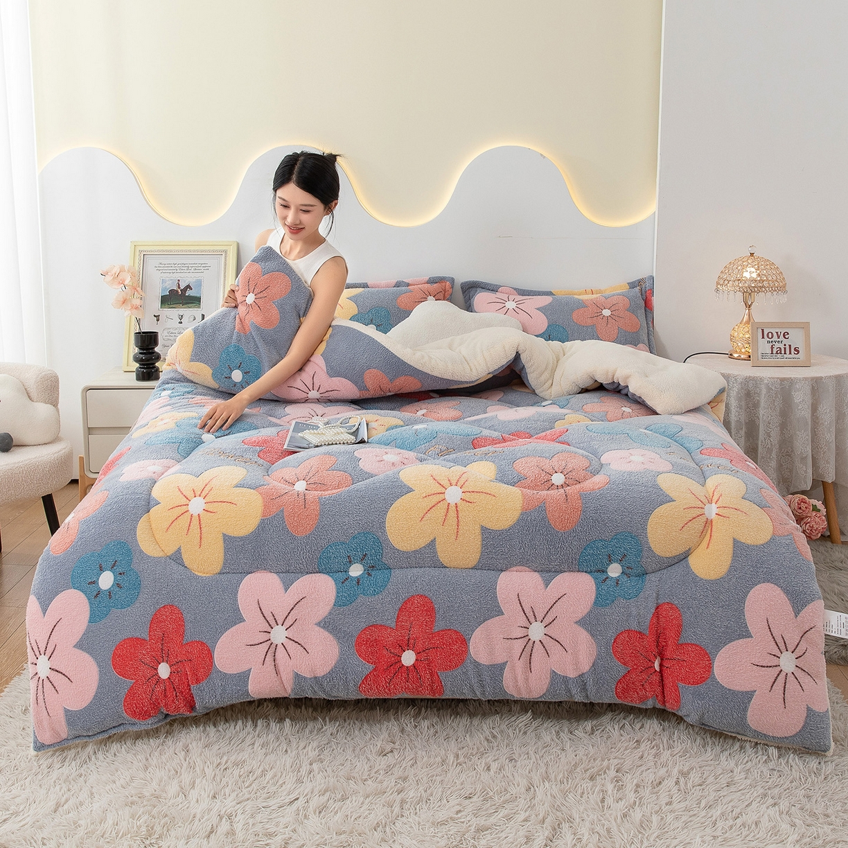 91家纺网 家纺一手货源 找家纺 悦织湾家纺 2025暖绒冬季被子A面雪花绒牛奶绒塔芙绒B面羊羔绒加厚速暖2025新款跨境出口外贸电商热销款可定做 雪花绒妙笔生花