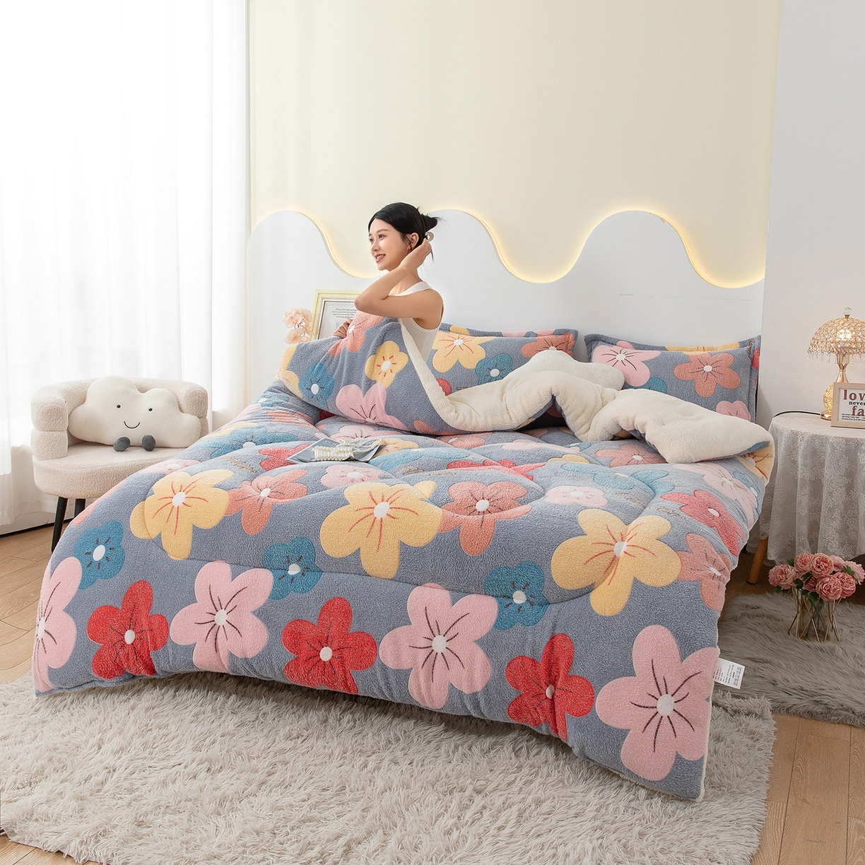 91家纺网 家纺一手货源 找家纺 悦织湾家纺 2025暖绒冬季被子A面雪花绒牛奶绒塔芙绒B面羊羔绒加厚速暖2025新款跨境出口外贸电商热销款可定做 雪花绒妙笔生花