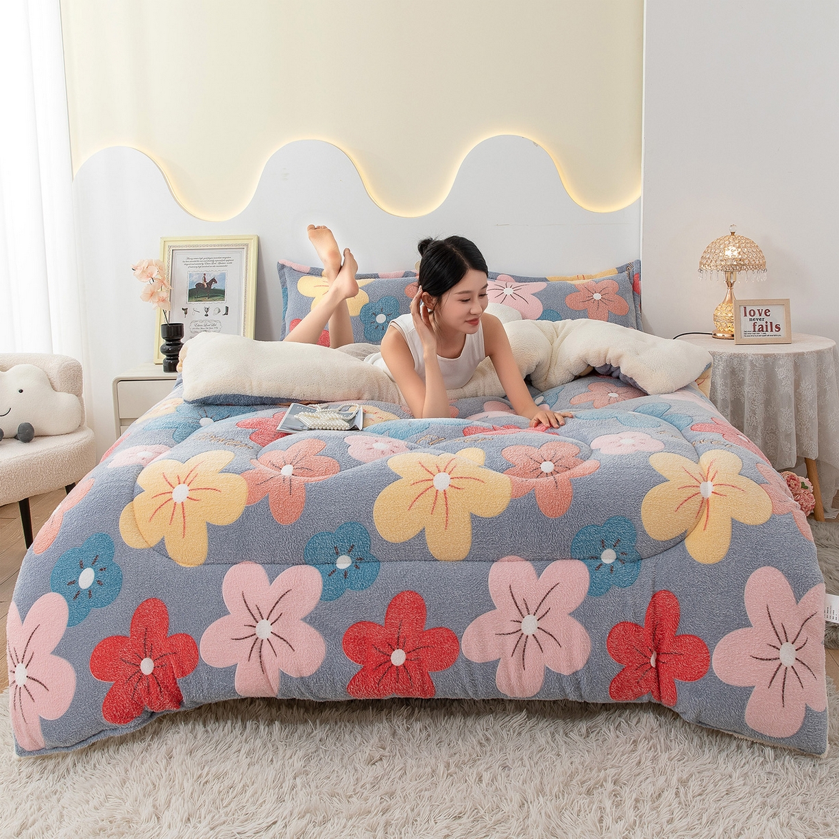 91家纺网 家纺一手货源 找家纺 悦织湾家纺 2025暖绒冬季被子A面雪花绒牛奶绒塔芙绒B面羊羔绒加厚速暖2025新款跨境出口外贸电商热销款可定做 雪花绒妙笔生花