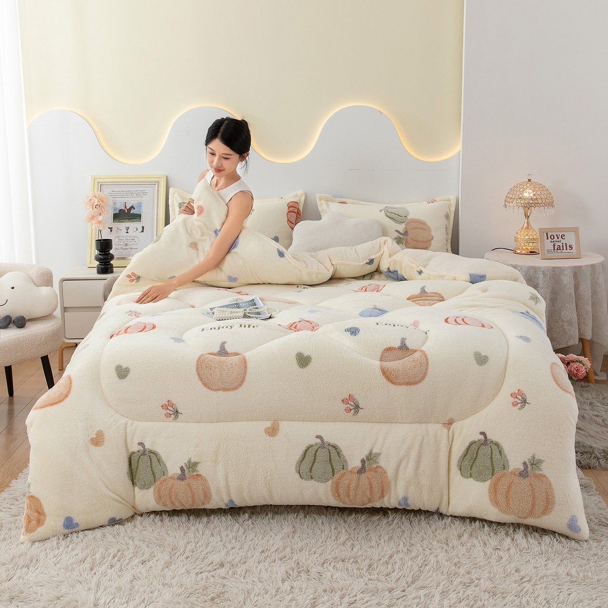 91家纺网 家纺一手货源 找家纺 悦织湾家纺 2025暖绒冬季被子A面雪花绒牛奶绒塔芙绒B面羊羔绒加厚速暖2025新款跨境出口外贸电商热销款可定做 雪花绒南瓜派对