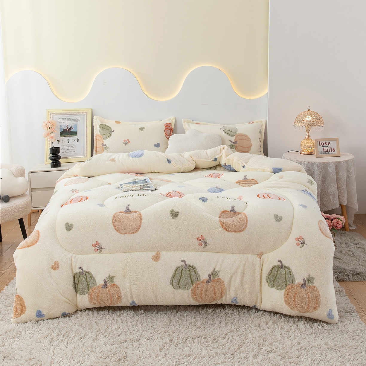 91家纺网 家纺一手货源 找家纺 悦织湾家纺 2025暖绒冬季被子A面雪花绒牛奶绒塔芙绒B面羊羔绒加厚速暖2025新款跨境出口外贸电商热销款可定做 雪花绒南瓜派对