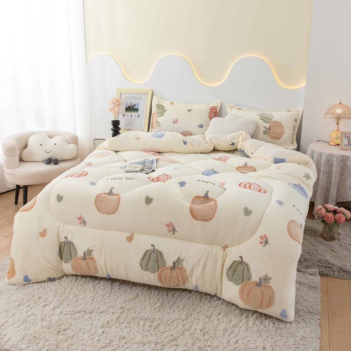 91家纺网 家纺一手货源 找家纺 悦织湾家纺 2025暖绒冬季被子A面雪花绒牛奶绒塔芙绒B面羊羔绒加厚速暖2025新款跨境出口外贸电商热销款可定做 雪花绒南瓜派对