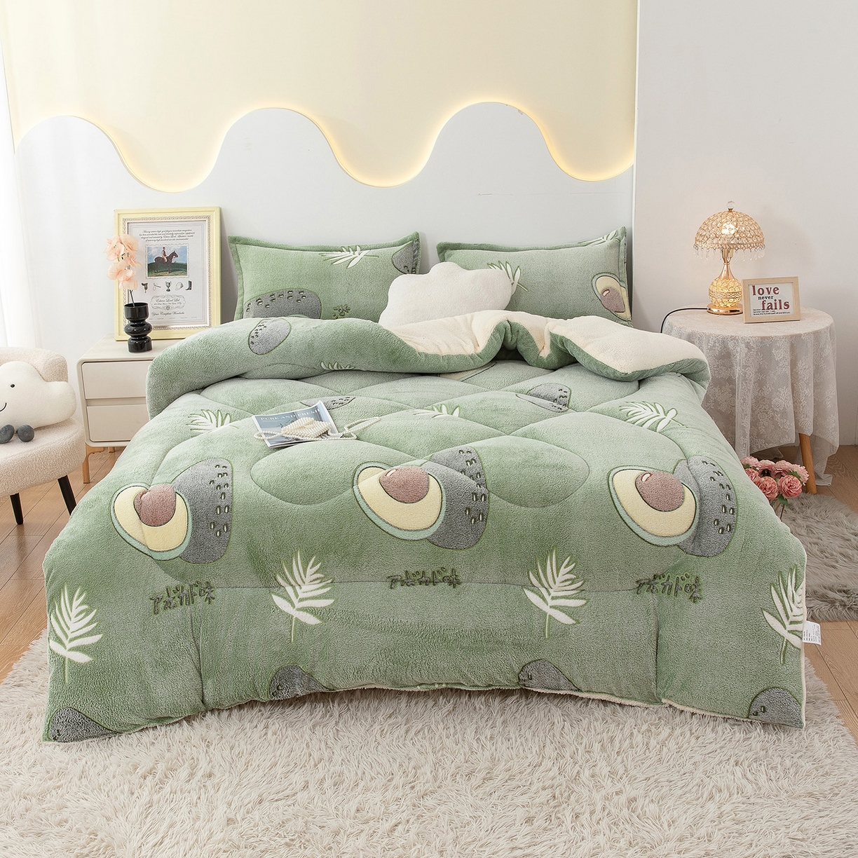 91家纺网 家纺一手货源 找家纺 悦织湾家纺 2025暖绒冬季被子A面雪花绒牛奶绒塔芙绒B面羊羔绒加厚速暖2025新款跨境出口外贸电商热销款可定做 雪花绒牛油果