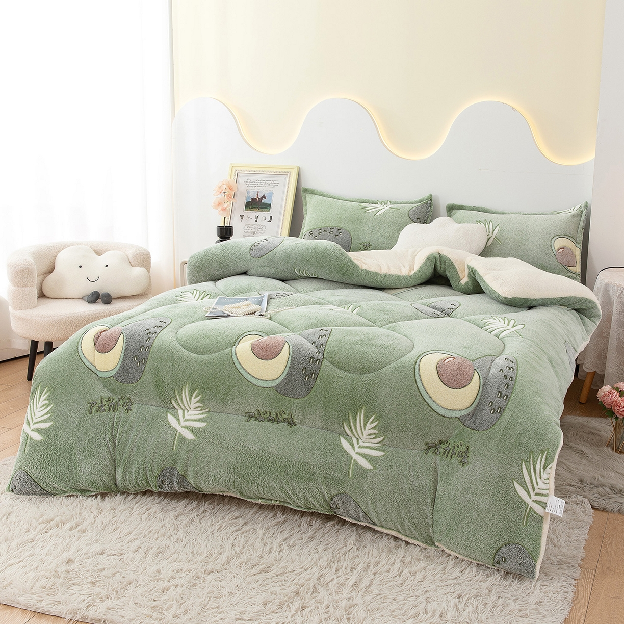 91家纺网 家纺一手货源 找家纺 悦织湾家纺 2025暖绒冬季被子A面雪花绒牛奶绒塔芙绒B面羊羔绒加厚速暖2025新款跨境出口外贸电商热销款可定做 雪花绒牛油果