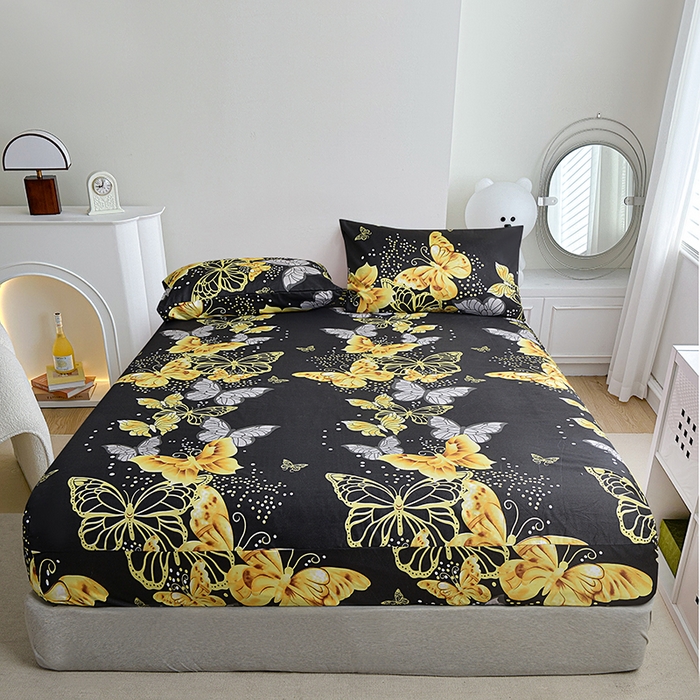 柏钧家纺 新款外贸跨境电商热销款印花床笠三件套 黑蝴蝶