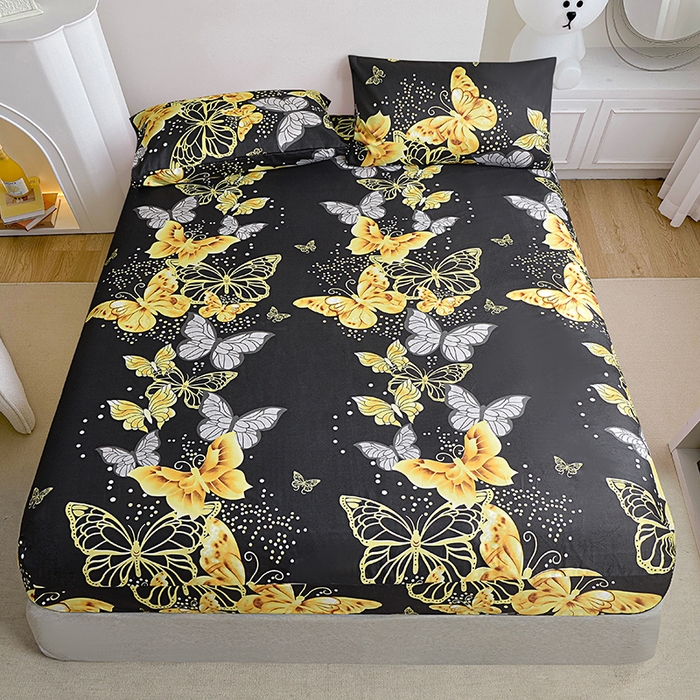 91家纺网 家纺一手货源 找家纺 柏钧家纺 新款外贸跨境电商热销款印花床笠三件套 黑蝴蝶