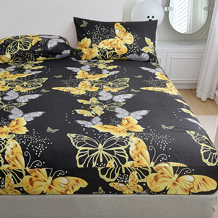 91家纺网 家纺一手货源 找家纺 柏钧家纺 新款外贸跨境电商热销款印花床笠三件套 黑蝴蝶