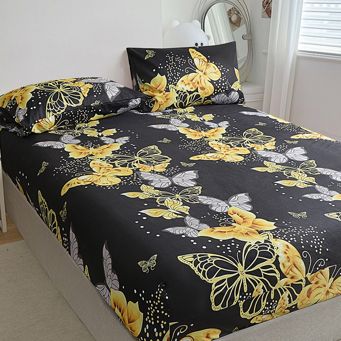 91家纺网 家纺一手货源 找家纺 柏钧家纺 新款外贸跨境电商热销款印花床笠三件套 黑蝴蝶