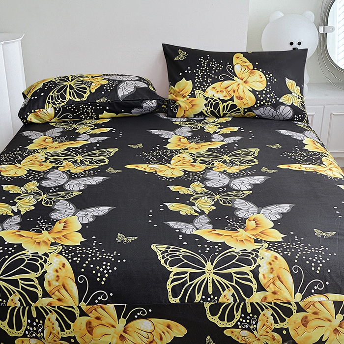 91家纺网 家纺一手货源 找家纺 柏钧家纺 新款外贸跨境电商热销款印花床笠三件套 黑蝴蝶