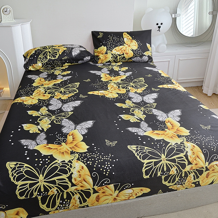 91家纺网 家纺一手货源 找家纺 柏钧家纺 新款外贸跨境电商热销款印花床笠三件套 黑蝴蝶