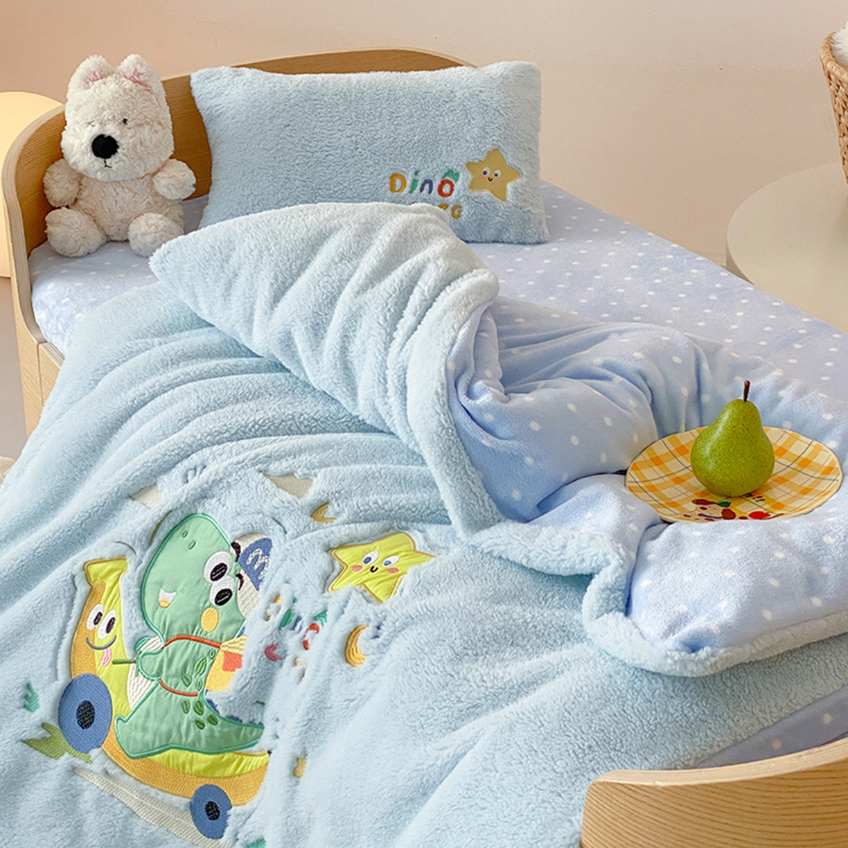 91家纺网 家纺一手货源 找家纺 宝贝优选 2025新款A类保暖幼儿园儿童绒套件（绵羊绒+牛奶绒） 恐龙啵啵