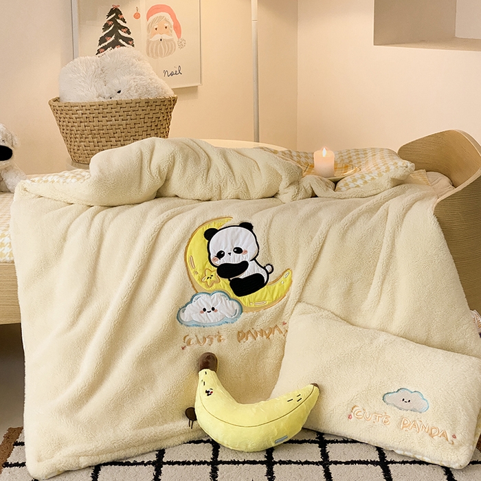 91家纺网 家纺一手货源 找家纺 宝贝优选 2025新款A类保暖幼儿园儿童绒套件（绵羊绒+牛奶绒） 晚安熊猫