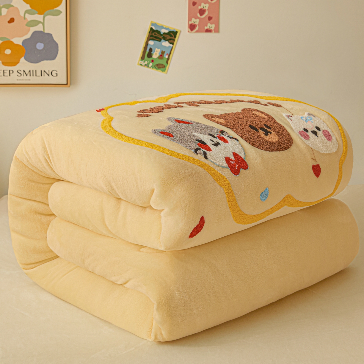 91家纺网 家纺一手货源 找家纺 换种生活 2025新款A类牛奶绒毛巾绣冬被被子被芯 云朵熊