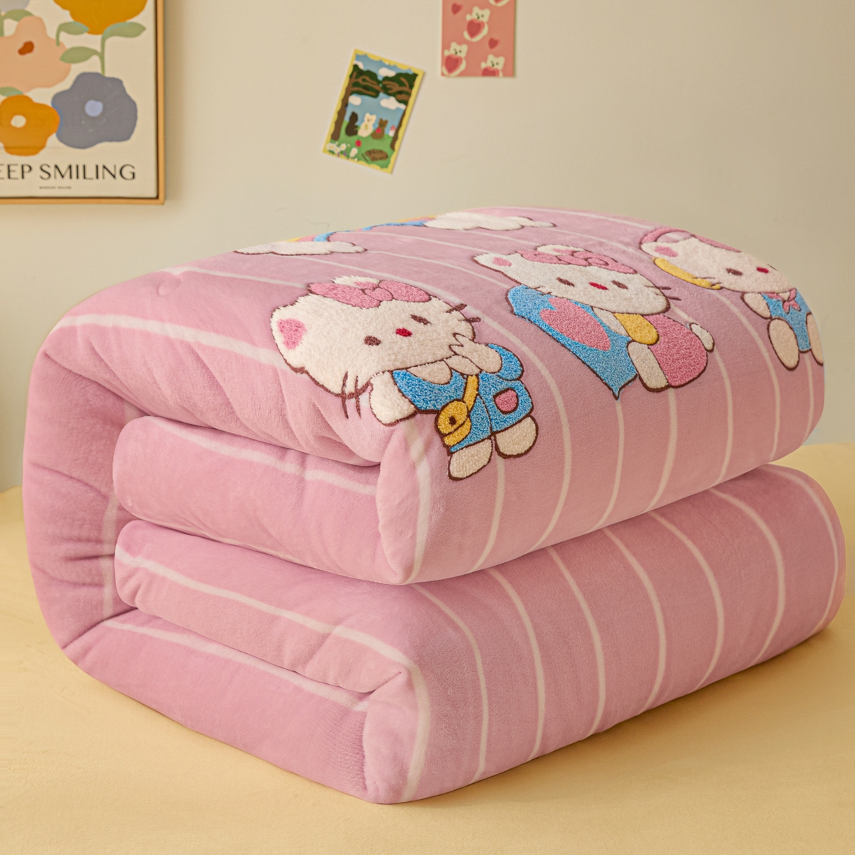 91家纺网 家纺一手货源 找家纺 换种生活 2025新款A类牛奶绒毛巾绣冬被被子被芯 粉萌-Kitty