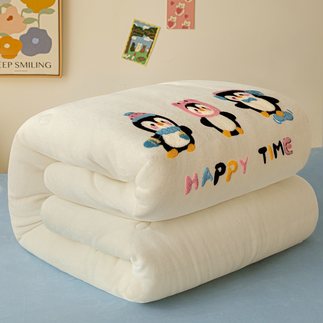 换种生活 2025新款A类牛奶绒毛巾绣冬被被子被芯 企鹅时光