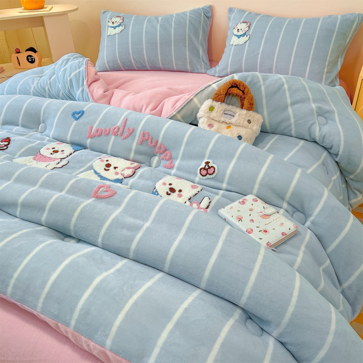 91家纺网 家纺一手货源 找家纺 换种生活 2025新款A类牛奶绒毛巾绣冬被被子被芯 萌萌犬