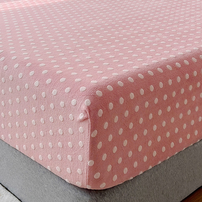 91家纺网 家纺一手货源 找家纺 寝柔家纺 2025新款冬季INS简约清新加厚牛奶雕花绒圆点波点单床笠 波点-蜜桃粉