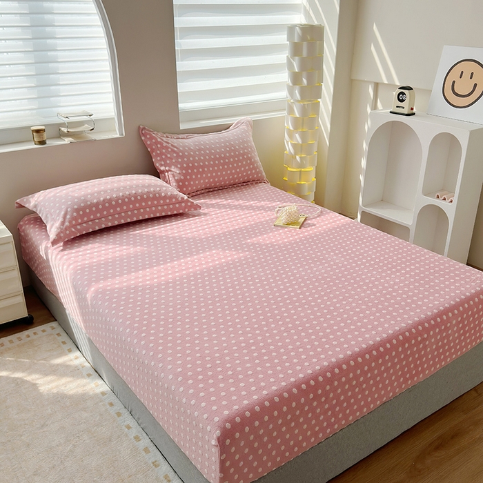 91家纺网 家纺一手货源 找家纺 寝柔家纺 2025新款冬季INS简约清新加厚牛奶雕花绒圆点波点单床笠 波点-蜜桃粉