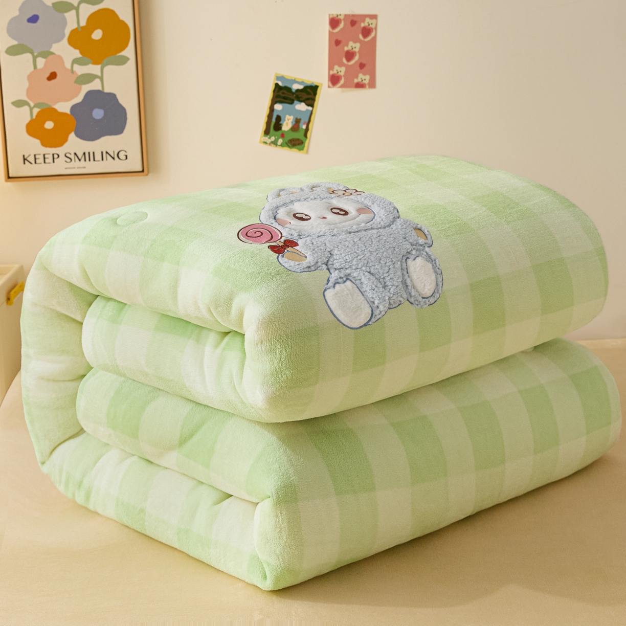 换种生活 2025新款A类牛奶绒贴布绣冬被被子被芯 童趣格-浅草绿