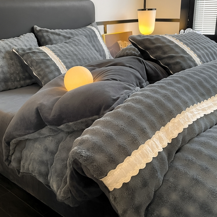 云玲时尚 2025新款高克重泡泡牛奶绒四件套-泡芙 泡芙-深灰