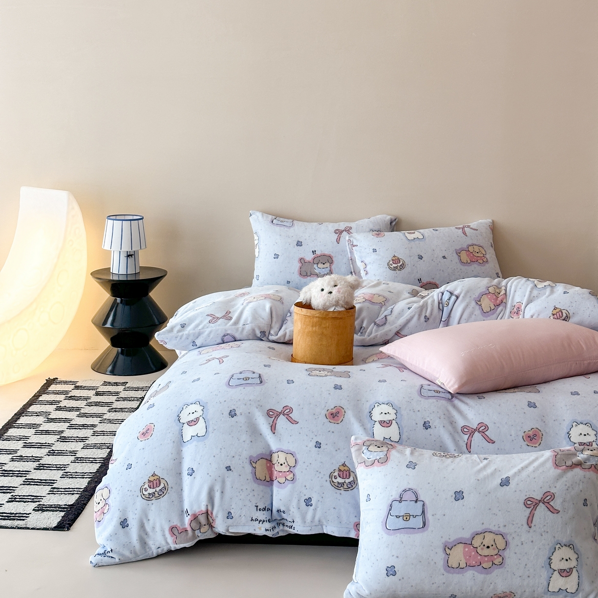 时光里 2025新款230克全消光印花10色专版花型四件套 狗狗乐园-蓝