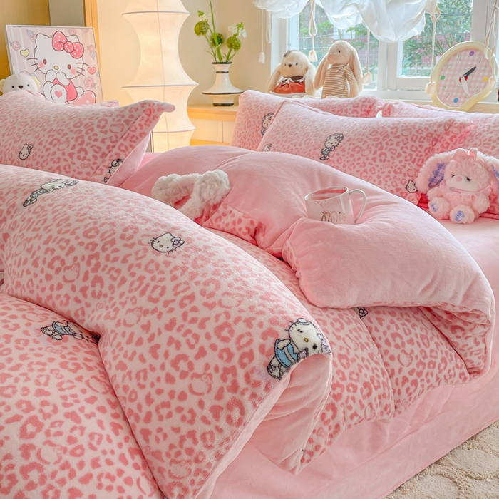 仟网汇 2025新款双面牛奶绒四件套 豹纹KT-粉