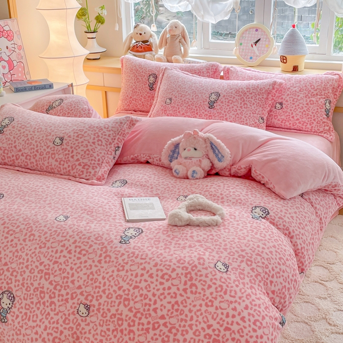 91家纺网 家纺一手货源 找家纺 仟网汇 2025新款双面牛奶绒四件套 豹纹KT-粉