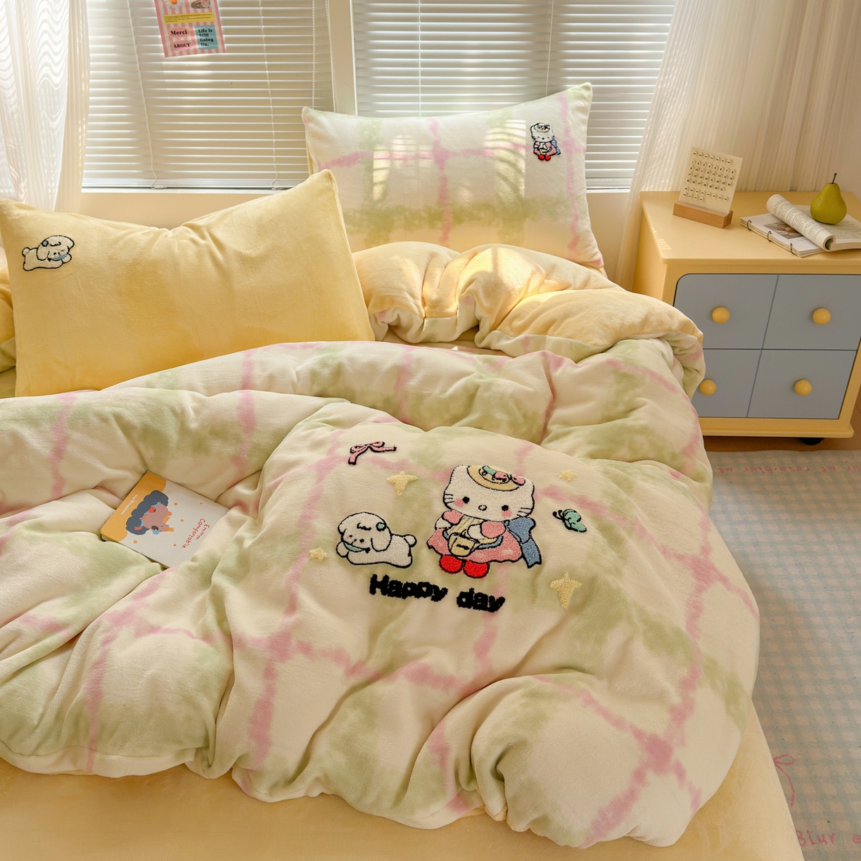 91家纺网 家纺一手货源 找家纺 云锦家居 2025新款秋冬小清新高克重牛奶绒毛巾绣四件套 元气小猫