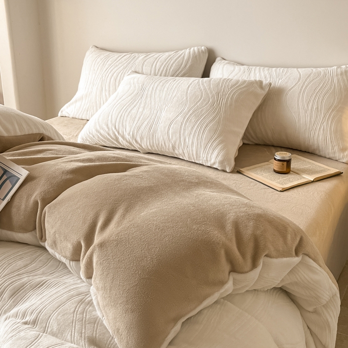 91家纺网 家纺一手货源 找家纺 云玲时尚 2025新款高克重牛奶绒雕花四件套-波浪 波浪奶杏