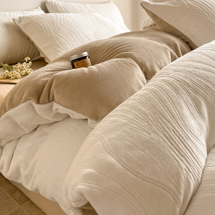 91家纺网 家纺一手货源 找家纺 云玲时尚 2025新款高克重牛奶绒雕花四件套-波浪 波浪奶杏