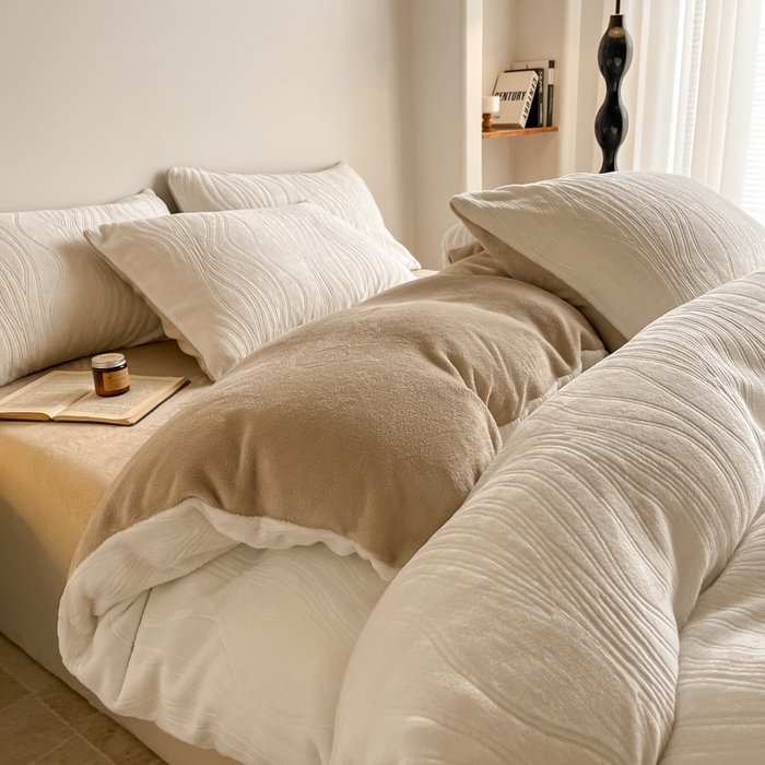 91家纺网 家纺一手货源 找家纺 云玲时尚 2025新款高克重牛奶绒雕花四件套-波浪 波浪奶杏