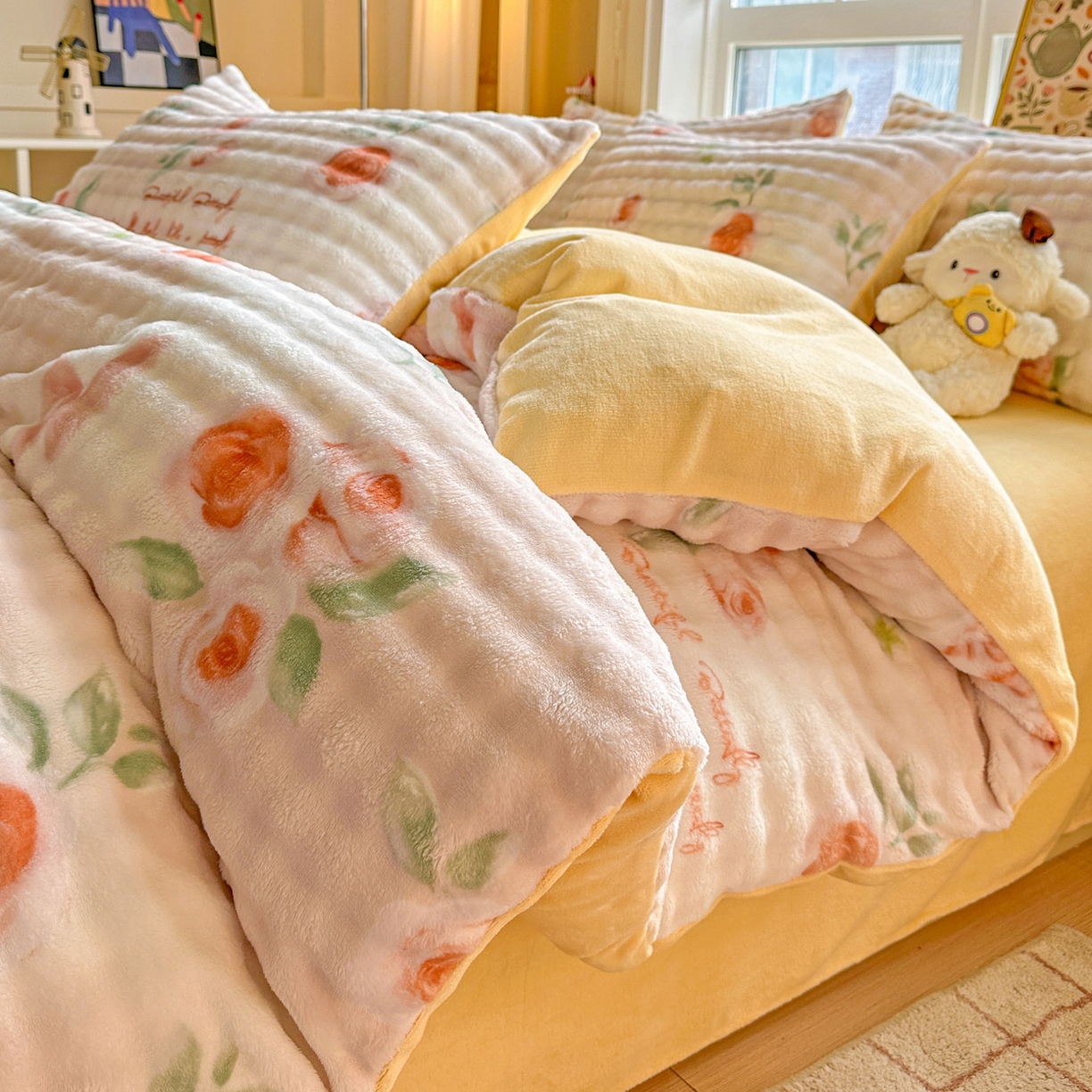 91家纺网 家纺一手货源 找家纺 N先生+V 13814689556 发大图/买家秀 2025新款260克高克重泡泡绒牛奶绒四件套 芊芊花海