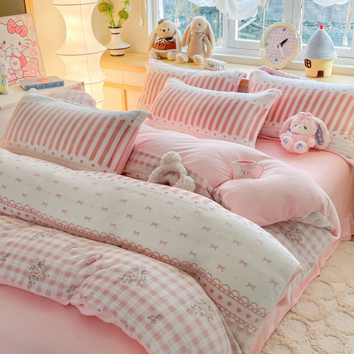 91家纺网 家纺一手货源 找家纺 仟网汇 2025新款双面牛奶绒四件套 少女心