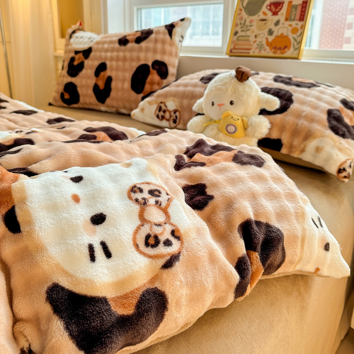 91家纺网 家纺一手货源 找家纺 N先生+V 13814689556 发大图/买家秀 2025新款260克高克重泡泡绒牛奶绒四件套 豹纹凯蒂