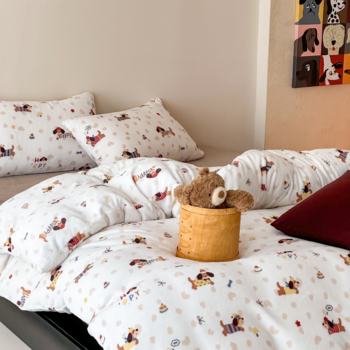 91家纺网 家纺一手货源 找家纺 时光里 2025新款230克全消光印花10色专版花型四件套 开心腊肠