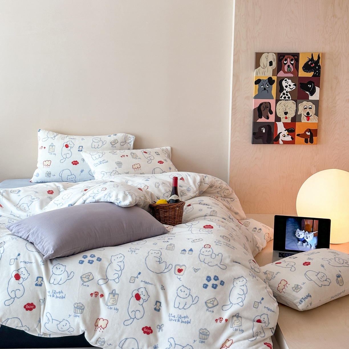 91家纺网 家纺一手货源 找家纺 时光里 2025新款230克全消光印花10色专版花型四件套 猫咪日记