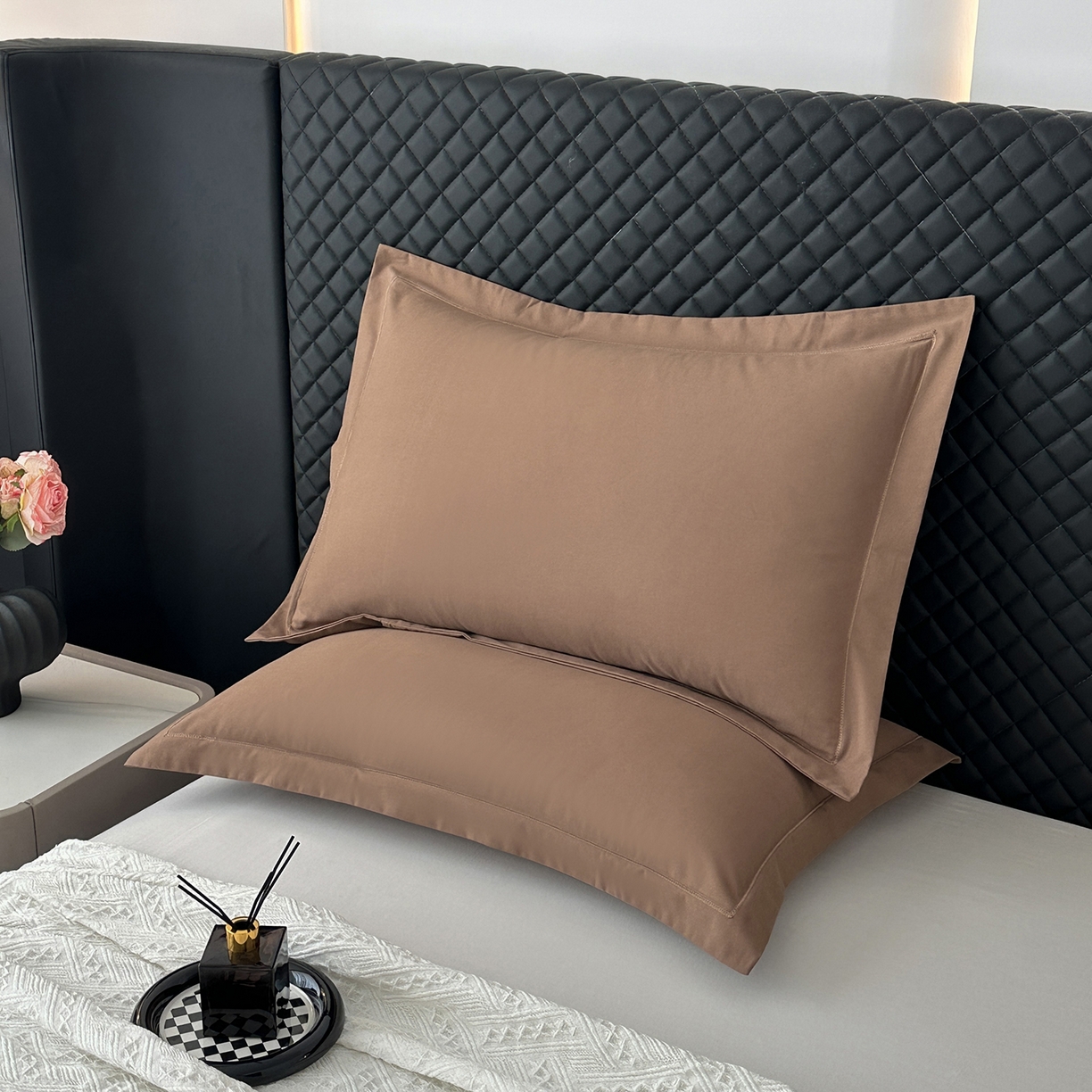 宝时兰 2025新款加厚100%全棉枕套单品磨毛纯棉单件（带一字绣工艺） 摩卡棕