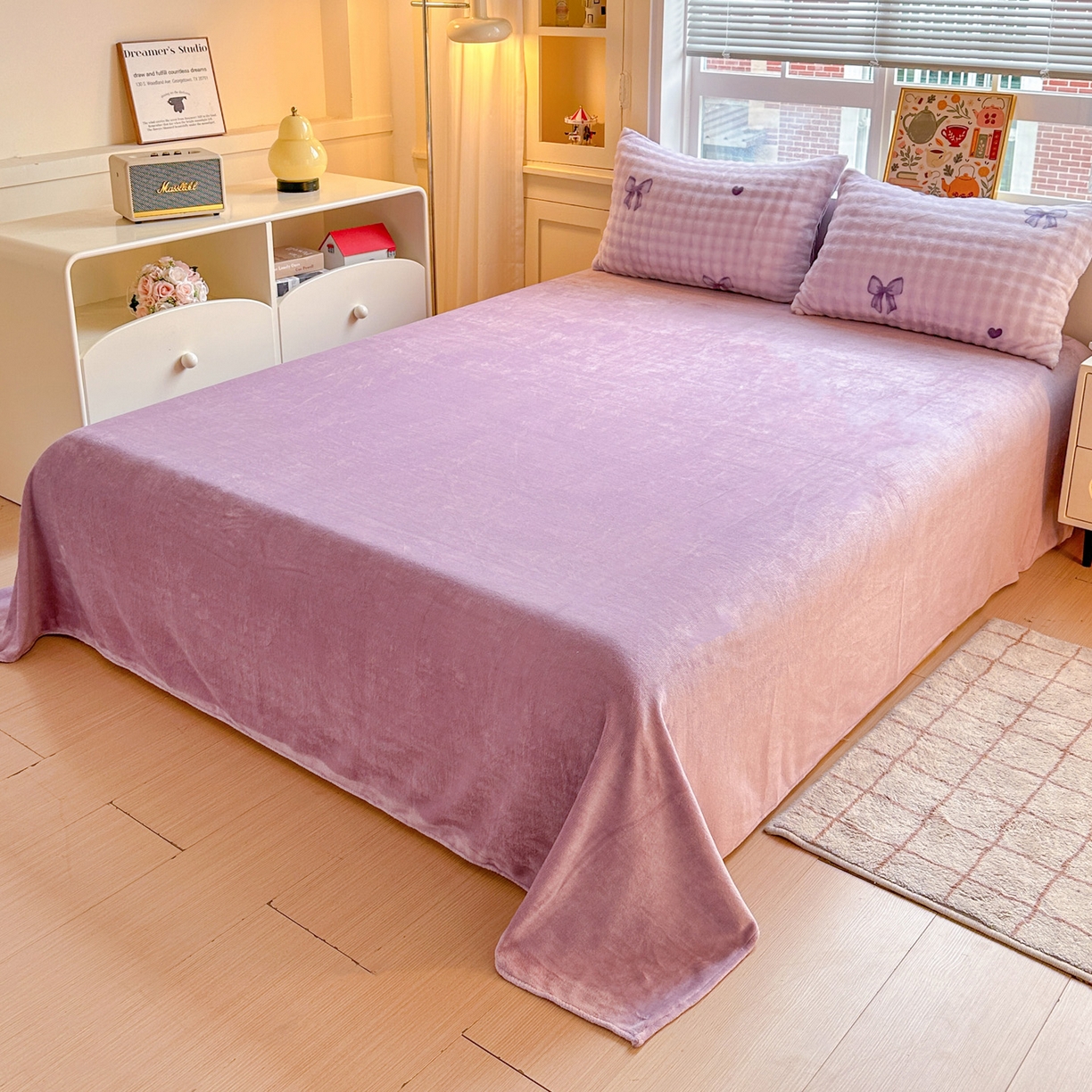 91家纺网 家纺一手货源 找家纺 N先生+V 13814689556 发大图/买家秀 2025新款260克高克重泡泡绒牛奶绒四件套 蝴蝶结紫